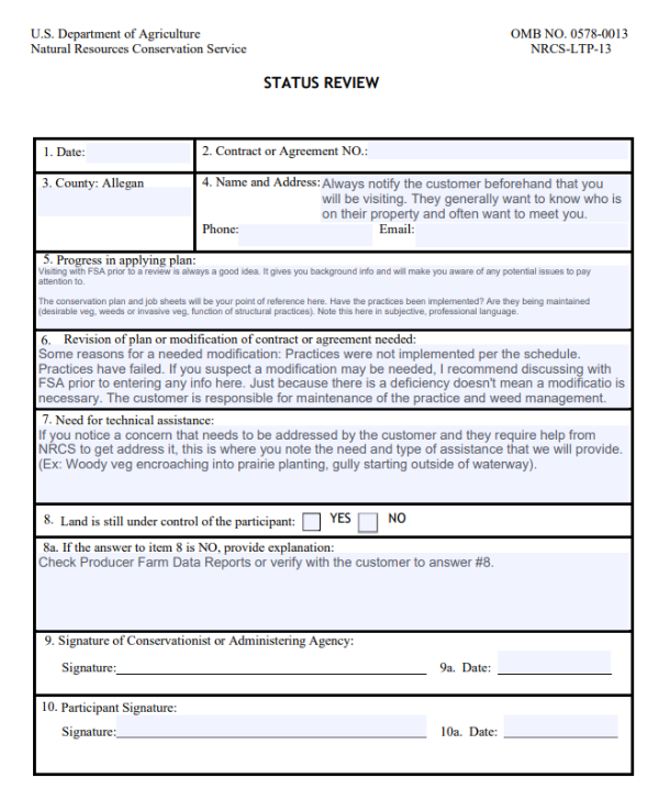 USDA Natural Resources Conservation Service (NRCS) LTP-13 status review form.