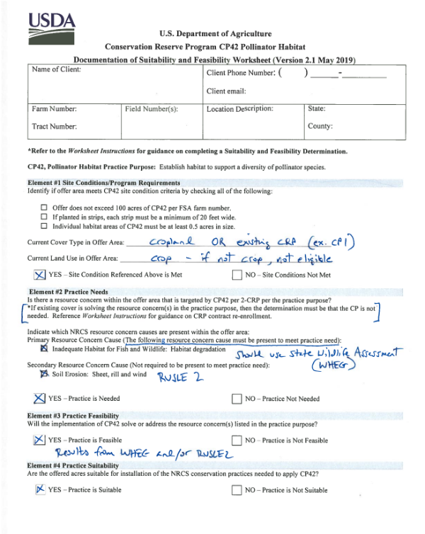 Two examples of USDA Documentation of Suitability and Feasibility Worksheets with notes – CP42 Pollinator Habitat and CP8A Grass Waterway.