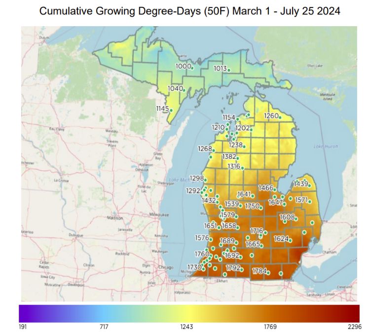 Map of Michigan showing growing degree-day accumulations by region.