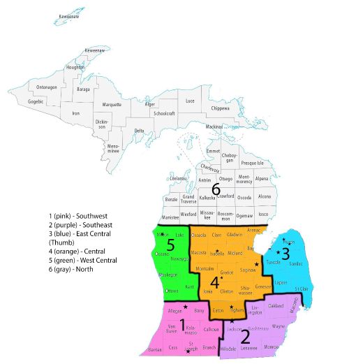 A sectioned-off map of Michigan showing the wheat watcher zones.