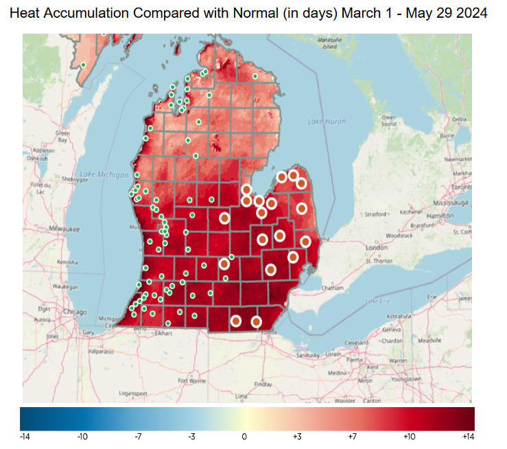 A map of Michigan with areas highlighted showing the differences in heat accumulation.