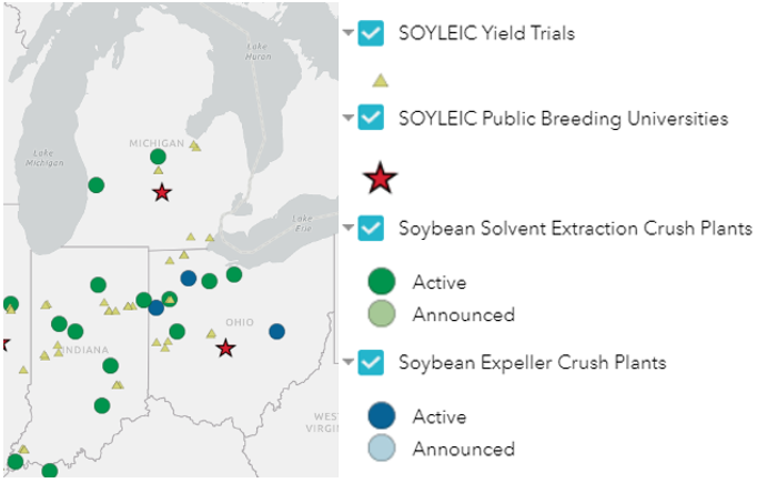 A map of Michigan, Indiana and Ohio showing locations with high oleic soybean processing capability and sites with Soyleic breeding programs and yield trials.