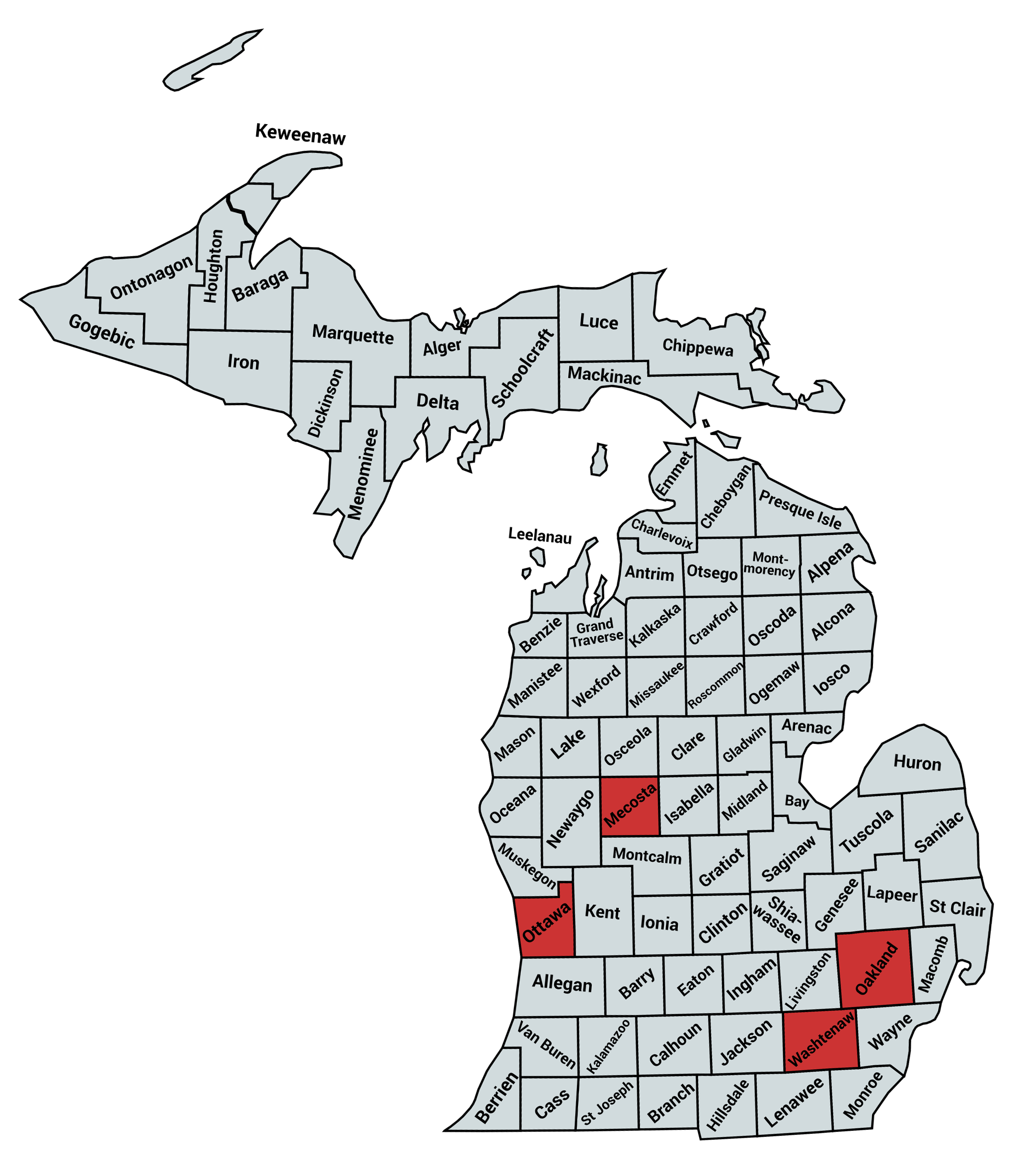 Map of counties where boxwood blight has been detected.