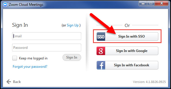 Zoom Sign in with SSO button with arrow pointing to button