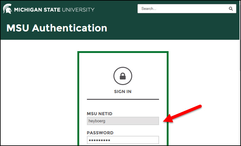 Michigan State University authentication screen where users enter their NetID and password.